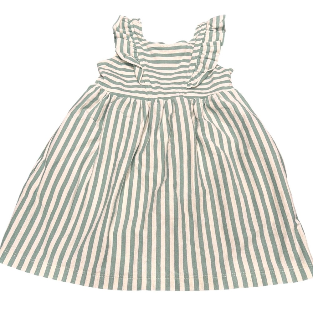 Hanna Andersson Girls Sage Green White Striped Ruffle V-Back Knit Dress 2T 85cm